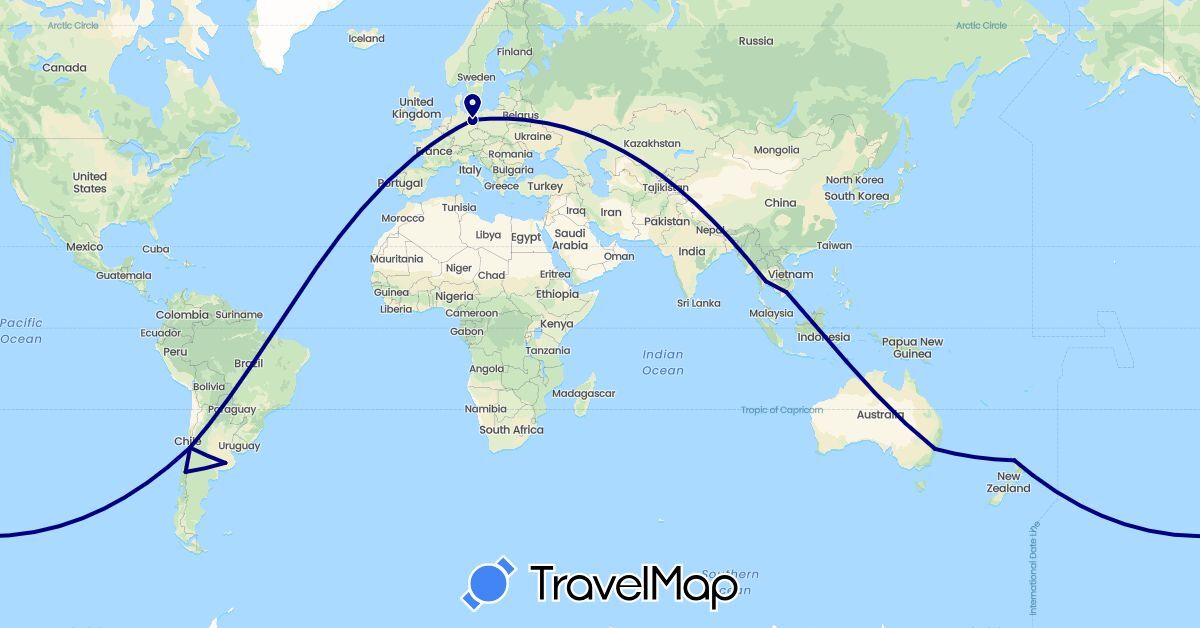 TravelMap itinerary: driving in Argentina, Australia, Chile, Germany, New Zealand, Thailand, Vietnam (Asia, Europe, Oceania, South America)